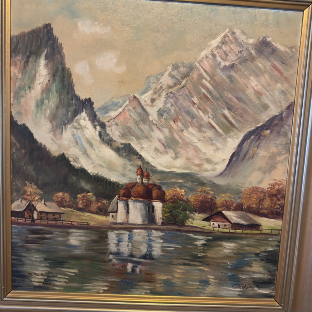 Serene Mountain Landscape Painting with Gold Frame